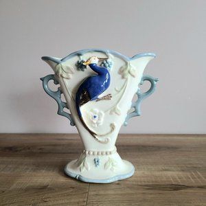 Vintage narrow ceramic vase with 3D exotic bird and handles.